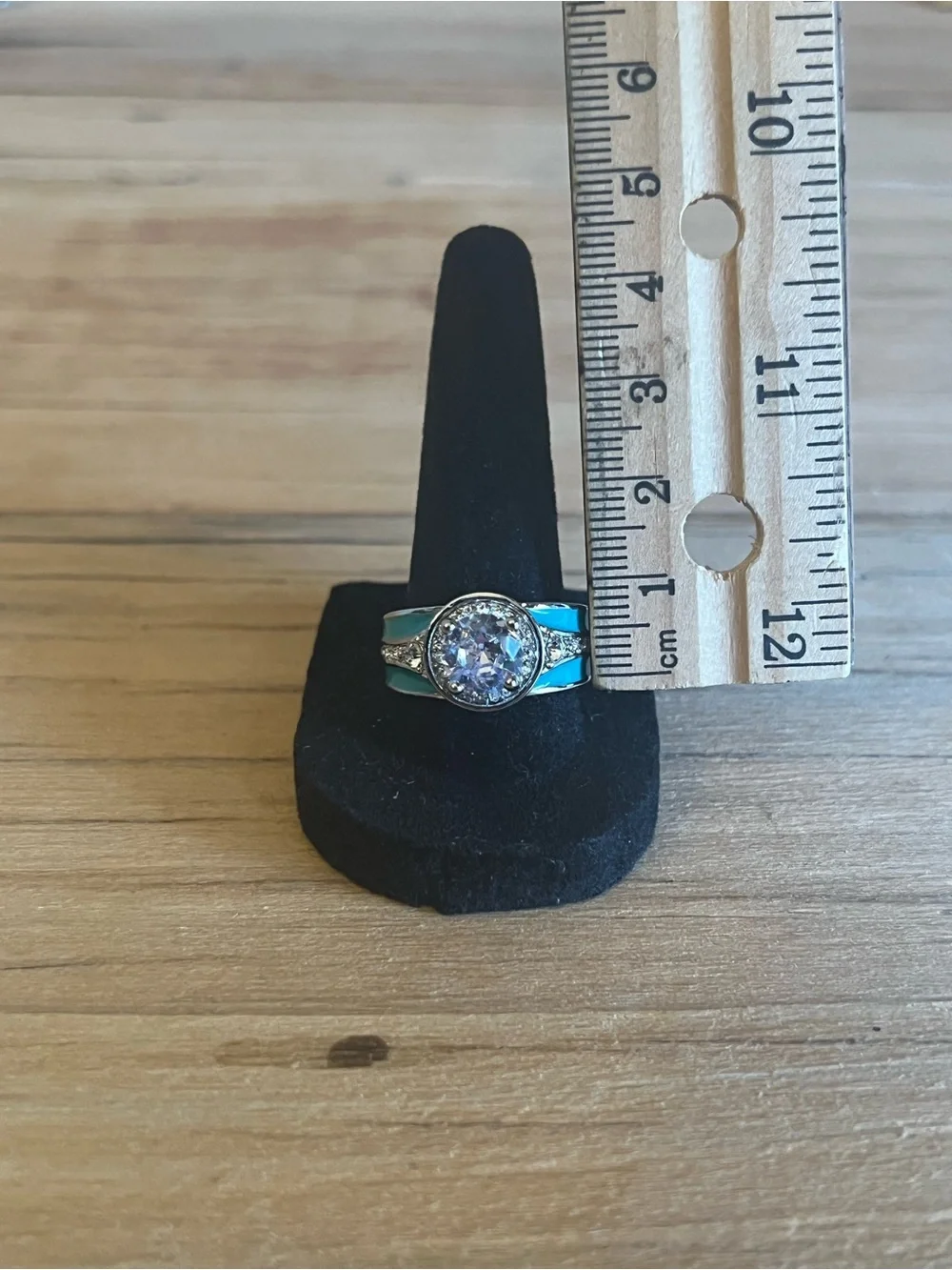 Turquoise Silver Tone Halo Ring With Cubic Zirconia Center Stone Size 9